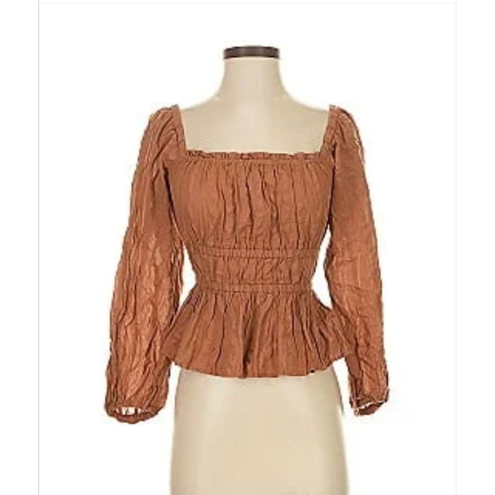J. Crew Women’s Puff Sleeve Cotton Top Brown Sz L Peplum Smocked Cottage Fairy